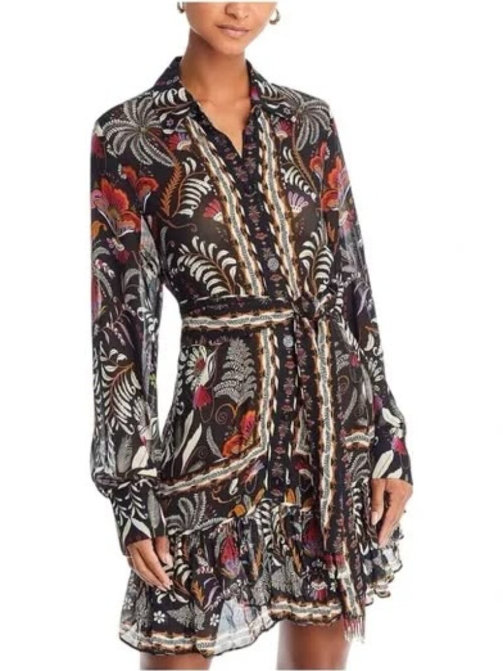 Farm Rio Anthropologie Women's Classic Garden Black Long Sleeve Mini Dress Small
